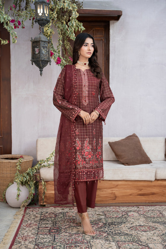 MIZAJ EXCLUSIVE UNSTITCHED-3PC LUXURY FESTIVE CHEQUE COTTON